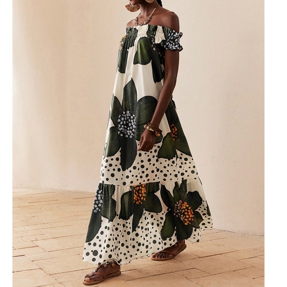 Boho Floral Print Off Shoulder Ruffle Hem Maxi Dress - Picture 3 of 5